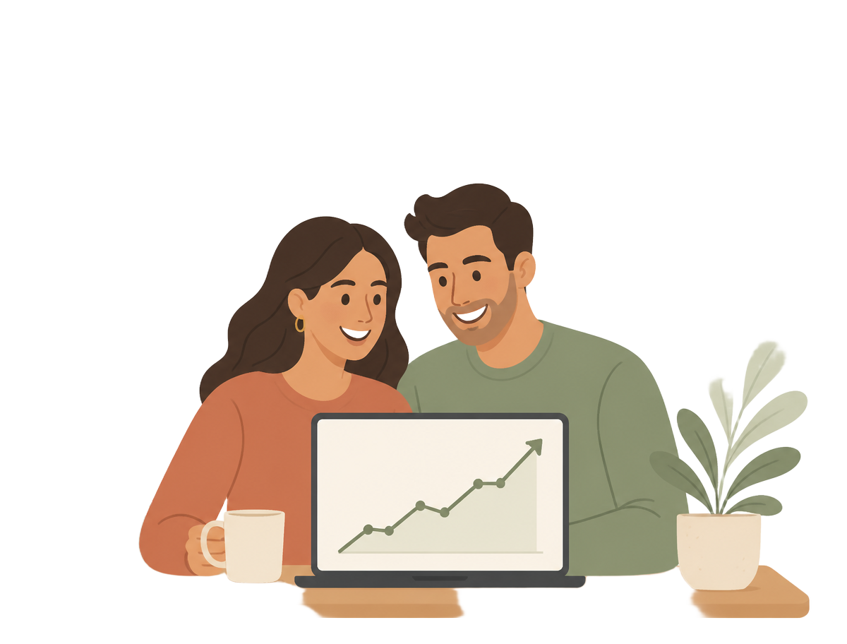 Illustration of a couple planning their finances on a laptop